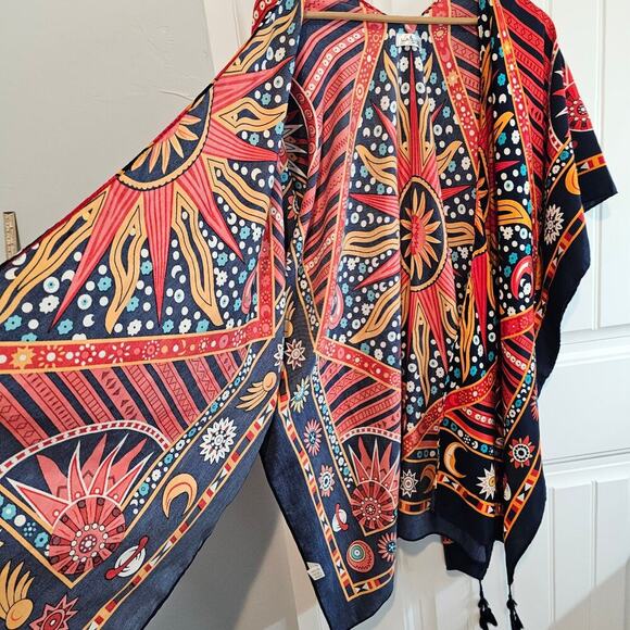 Floral Kimono Womens 2X Red Sun Moon Fringe Open Indie Relaxed Boho Festival - Picture 4 of 11